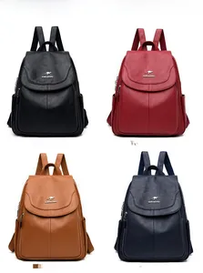 Soft faux leather women's backpack in black, claret, yellow, and blue color options