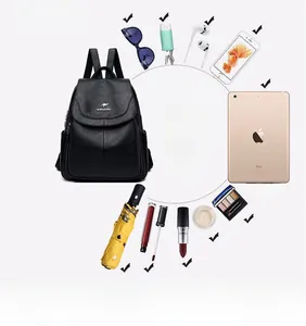 Detail of high-capacity black faux leather backpack with metallic kangaroo logo and side pockets