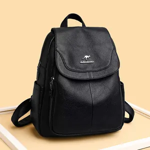 Women's black soft leather backpack with lychee texture and large capacity for travel