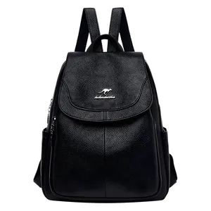 Women's casual black faux leather backpack with kangaroo logo and large capacity