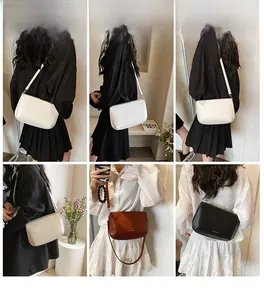 Sac à bandoulière minimaliste en cuir présenté en blanc, beige, marron et noir