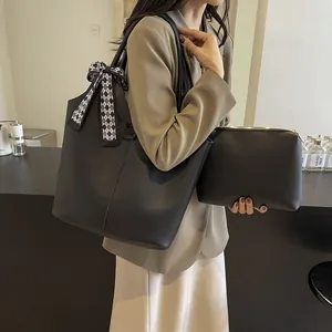 Classic black litchi pattern tote bag with bow scarf and matching pouch for daily commute