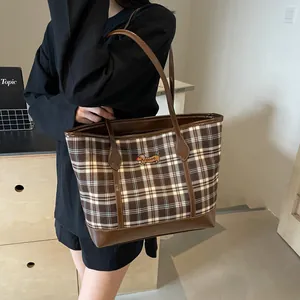 Classic brown plaid tote bag with dachshund embroidery and leather handles for women