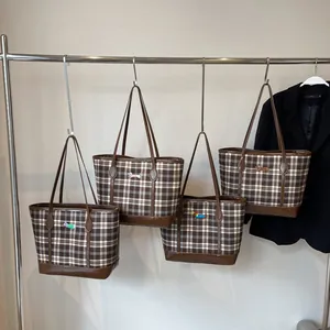 Vintage checkered tote bag with dachshund embroidery and brown leather trim handles