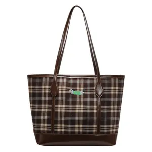 Vintage brown plaid tote bag with cartoon embroidery and long shoulder straps