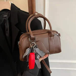 Women's Fashion PU Leather Boston Bag Vintage Korean Style Niche Design Handbag With Detachable Charm And Adjustable Shoulder Strap