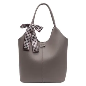Grey faux leather tote bag with decorative geometric scarf and top handles for commuting