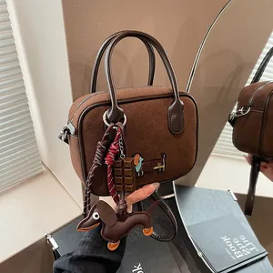 Retro Dachshund Embroidery PU Leather Shoulder Bag For Women Frosted Texture Handbag With Dog Charms Casual Crossbody Bag