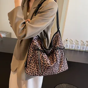 Bolso Tote de Mujer con Estampado de Leopardo Gran Capacidad Lona Cuero PU Lazo Cremallera Decor Multiusos Bolso de Hombro de Moda
