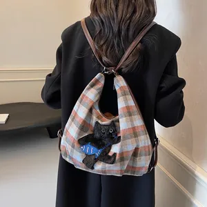 Damen Vintage Karo-Tote-Bag mit Katzen-Stickerei und verstellbaren Lederriemen