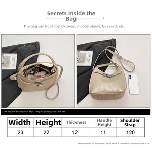 Size chart showing dimensions for the light beige bucket bag with detailed measurements