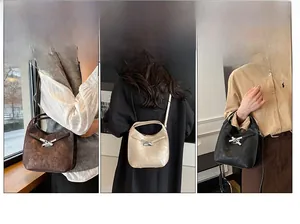Detailed views of versatile bucket bags in dark brown, beige, and black with silver buckles