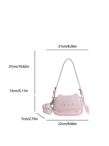Sac bandoulière chat rose avec pendentif peluche et dimensions détaillées