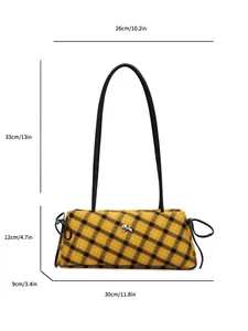 Yellow plaid Boston bag with silver dog logo and black ribbon straps in 30cm size