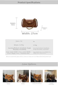 Size chart showing 27x16x8cm dimensions for the leopard print PU baguette bag with chain