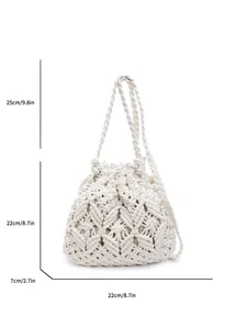Chic beige woven straw bucket bag for beach with intricate handmade knitting pattern