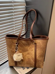 Vintage Large Capacity PU Leather Tote Bag For Women Marble Texture Shoulder Bag With Plush Pendant Casual Commuter Handbag