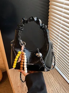 Women Fashion Ruched Handbag Shiny PU Leather Hobo Shoulder Bag With Chain Strap And Colorful Beaded Charm Streetwear Bag