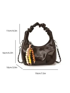 Brown patent leather pleated dumpling bag with beaded charm and chain strap 19x16x10cm