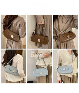 Multiple views of women's baguette bag showing shoulder and crossbody styling options