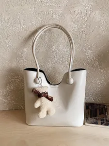Women's Large Capacity Glossy PU Leather Tote Bag Casual Commuter Shoulder Bag With Cute Bear Pendant Fashion Handbag