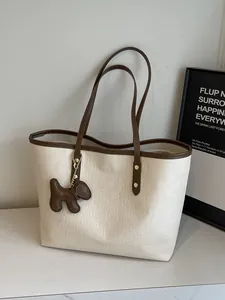 Large Capacity PU Leather Tote Bag For Women Embossed Checkerboard Pattern Shoulder Bag Commuter Casual Handbag With Dog Charm