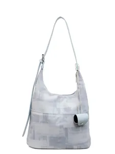 Light blue artistic print canvas hobo bag with adjustable leather strap and mini pouch