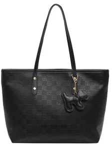 Minimalist black checkered tote bag with puppy charm and slim shoulder straps