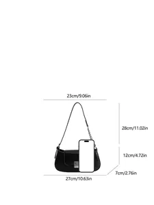 Minimalist black patent leather baguette bag with silver chain and dimensions display
