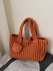 Dames Handgebreide Handtas Vintage Wafeltextuur Draagtas Met Hanger Minimalistische Katoenen Gehaakte Schoudertas Voor Dagelijks Gebruik