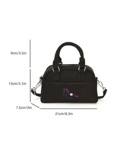 Schwarze baguette-Tasche mit bunter Pferde-Stickerei und abnehmbarem Gurtband
