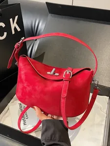 Women Casual Minimalist Baguette Bag High Texture Trendy Shoulder Crossbody Bag With Silver Lock PU Leather Handbag
