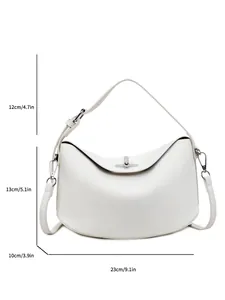 White minimalist baguette handbag with silver buckle and dimensions 23x13x10cm
