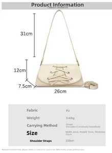 Detailed dimension chart for beige PU bow handbag showing 26x12x7.5cm size specs