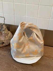 Sac à Nœud Jacquard Floral Style Japonais pour Femmes Texture Satin Vintage Sac Seau Élégant Sac à Main Imprimé Fleurs