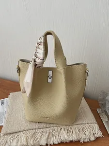 Fashion Litchi Grain PU Leather Bucket Bag For Women With Silk Scarf Decor Handheld Single Shoulder Crossbody Bag Metal Lock Purse