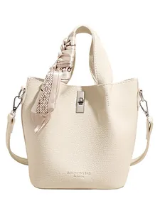 Off-white leather bucket bag with silver metal lock and decorative brown silk scarf