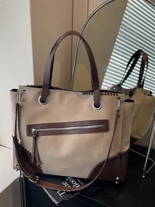 Μεγάλη Vintage Τσάντα Tote για Γυναίκες με Υφή Σουέτ και Σύνθεση Υλικών Casual Τσάντα Ώμου με Λεπτομέρειες Ραφής και Πριτσίνια