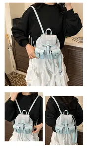 Detail showing mini backpack with light blue and grey checkered fabric and front pockets