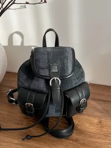 Women Fashion Mini Backpack Canvas PU Leather Patchwork Small Rucksack Retro Multi Pocket Flap School Bag For Travel Daily