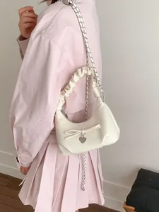 Chic cream white pleated handbag with bow detail and silver chain for women