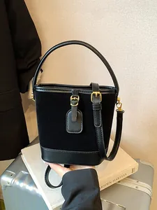 Vintage Wildleder PU Leder Spleißen Eimertasche Für Damen Retro Lässig Schulter Umhängetasche Mit Goldener Hardware Handtasche