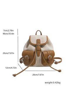 Canvas and leather backpack with drawstring closure and precise size measurements