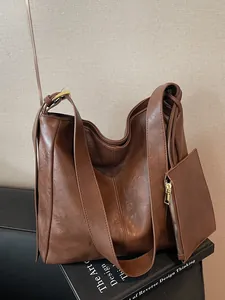 Women Vintage Large Capacity Tote Bag Soft PU Leather Shoulder Bag With Small Pouch Casual Hobo Handbag Commute Work Bag