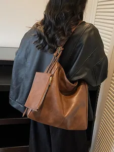 Brown large capacity vintage PU leather tote bag with small hanging pouch for women