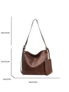 Retro dark brown PU leather tote bag with small pouch and size dimensions shown