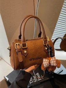 Women Suede Fabric Boston Handbag Vintage Solid Color Shoulder Crossbody Bag With Removable Plush Dog Pendant Korean Fashion