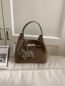Women Luxury PU Leather Bucket Bag Minimalist Litchi Pattern Handbag With Turn Lock And Horse Charm Shoulder Crossbody Bag