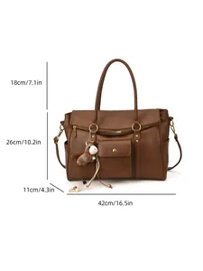 Grand sac cabas rétro en similicuir marron avec pendentif cheval, capacité de 42 cm de large