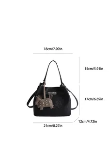 Litchi texture black bucket bag with horse charm and detailed size measurements